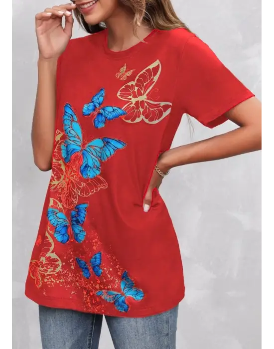 Kadın Kısa Kollu Mavi Sarı Kelebek Baskı Süprem Bluz