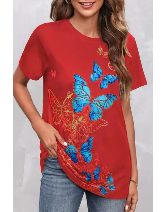 Kadın Kısa Kollu Mavi Sarı Kelebek Baskı Süprem Bluz