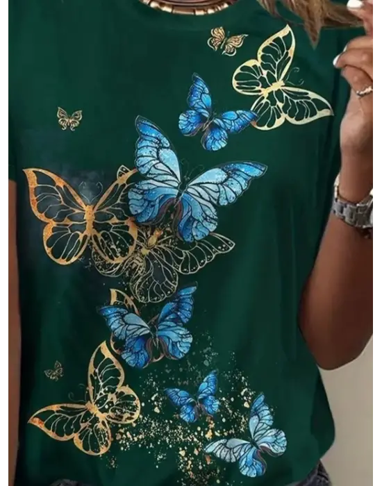 Kadın Kısa Kollu Mavi Sarı Kelebek Baskı Süprem T-shirt