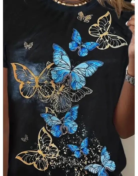 Kadın Kısa Kollu Mavi Sarı Kelebek Baskı Süprem T-shirt