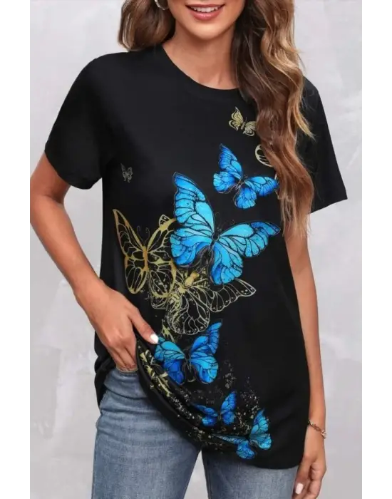 Kadın Kısa Kollu Mavi Sarı Kelebek Baskı Süprem T-shirt