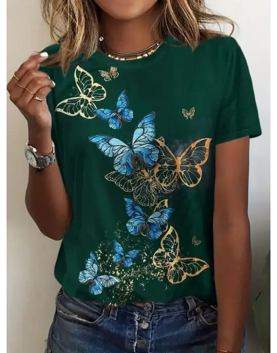 Kadın Kısa Kollu Mavi Sarı Kelebek Baskı Süprem T-shirt