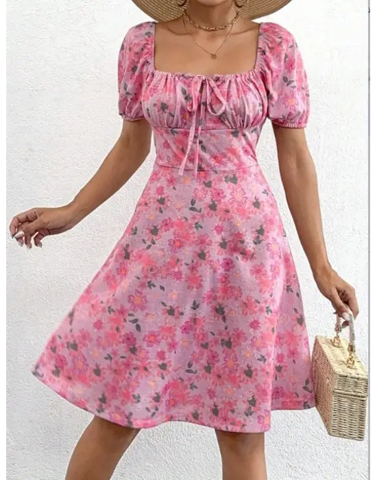 Kadın Kısa Kollu Mini çiçek Baskılı Bağcık Detay Süprem Midi Boy Elbise