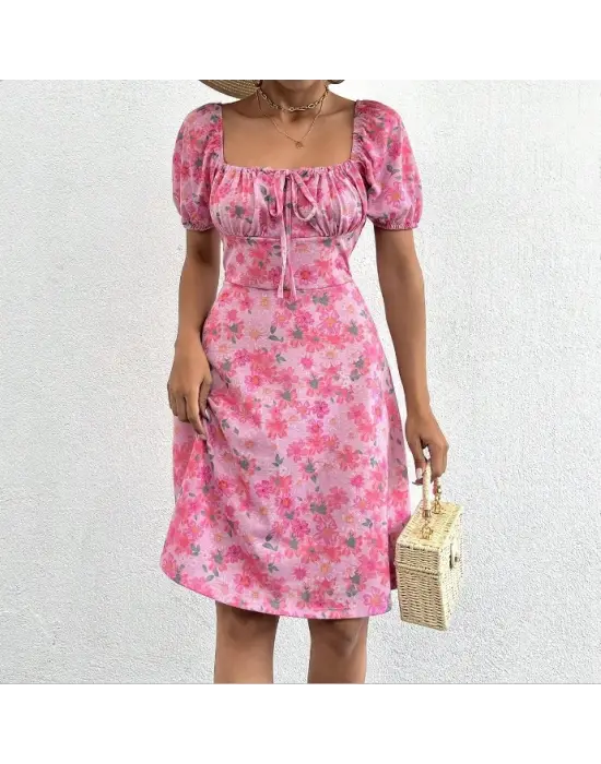 Omarı Çiçek Desenli Bağcık Detaylı Mini Elbise