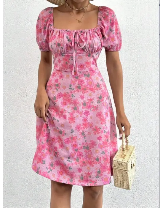 Kadın Kısa Kollu Mini çiçek Baskılı Bağcık Detay Süprem Midi Boy Elbise