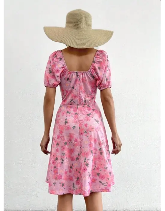 Omarı Çiçek Desenli Bağcık Detaylı Mini Elbise