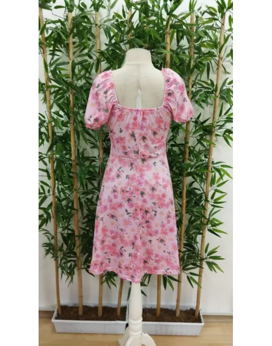 Omarı Çiçek Desenli Bağcık Detaylı Mini Elbise