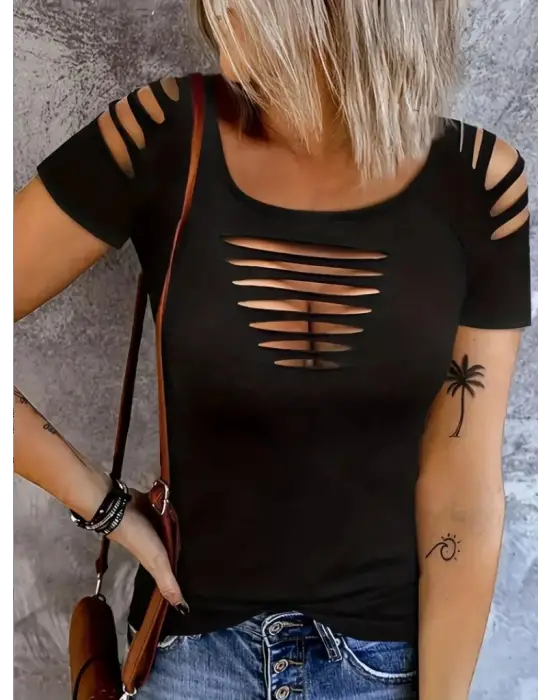 Kadın Kısa Kollu Omuz Ve Göğüs Kesik Detay Viskon Bluz