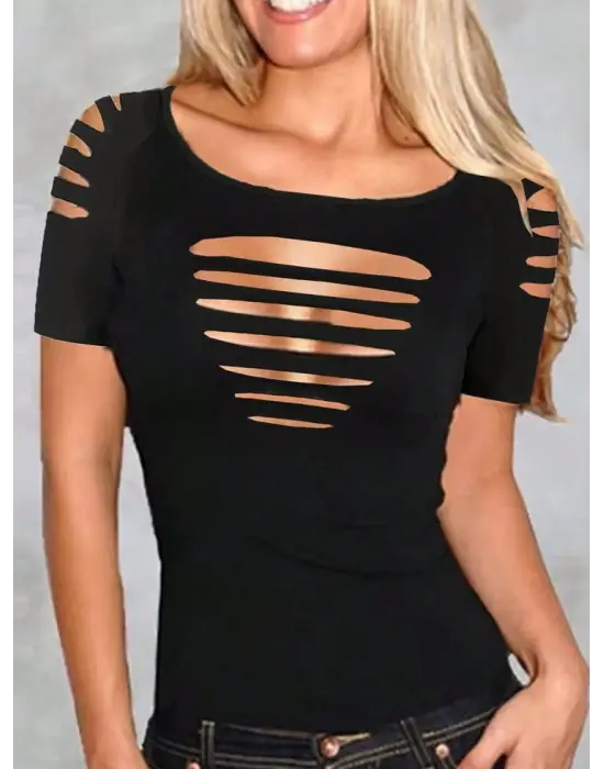 Kadın Kısa Kollu Omuz Ve Göğüs Kesik Detay Viskon Bluz