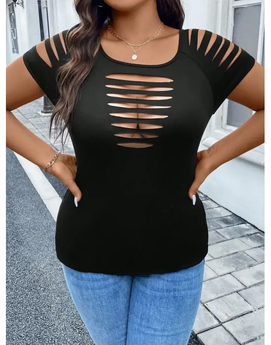 Kadın Kısa Kollu Omuz Ve Göğüs Kesik Detay Viskon Bluz