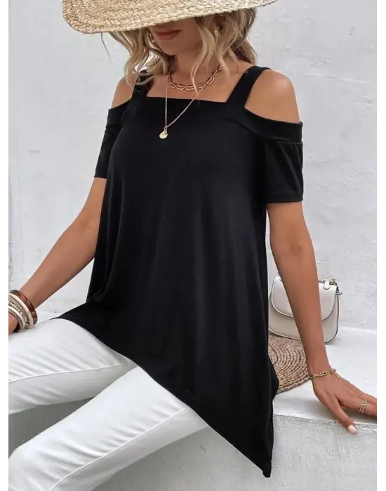 Kadın Kısa Kollu Omuzlardan Açık Askılı Asimetrik Kesim Viskon Bluz