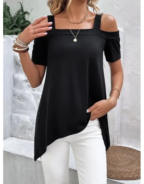 Kadın Kısa Kollu Omuzlardan Açık Askılı Asimetrik Kesim Viskon Bluz