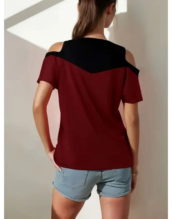 Kadın Kısa Kollu Omuzlardan Açık Detaylı çift Renkli Viskon Bluz
