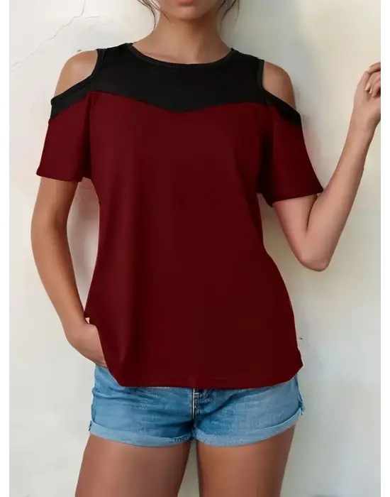 Kadın Kısa Kollu Omuzlardan Açık Detaylı çift Renkli Viskon Bluz
