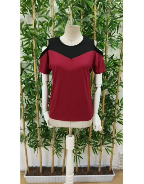 Kadın Kısa Kollu Omuzlardan Açık Detaylı çift Renkli Viskon Bluz