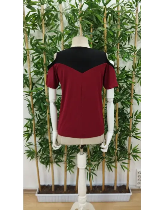 Kadın Kısa Kollu Omuzlardan Açık Detaylı çift Renkli Viskon Bluz