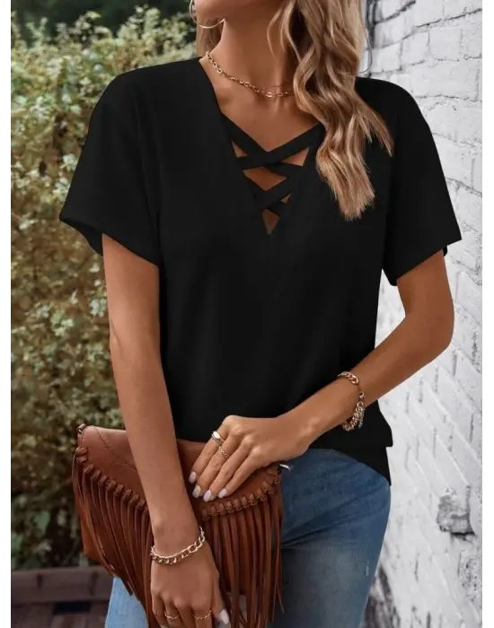 Omarı Çapraz Detaylı V Yakalı Kadın Viskon Bluz