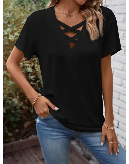 Omarı Çapraz Detaylı V Yakalı Kadın Viskon Bluz