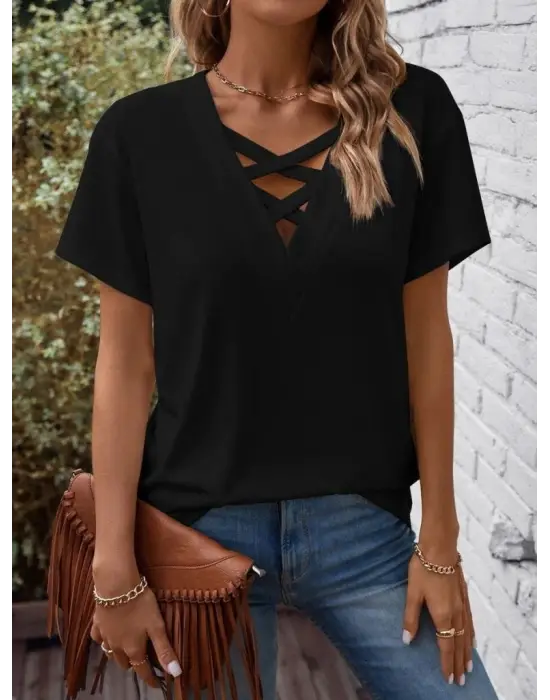 Kadın Kısa Kollu önden çapraz Detay V Yakalı Viskon Bluz