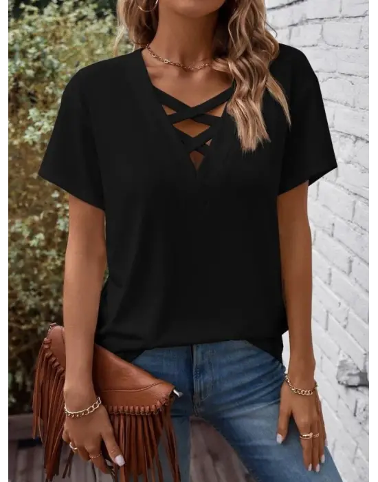 Omarı Çapraz Detaylı V Yakalı Kadın Viskon Bluz