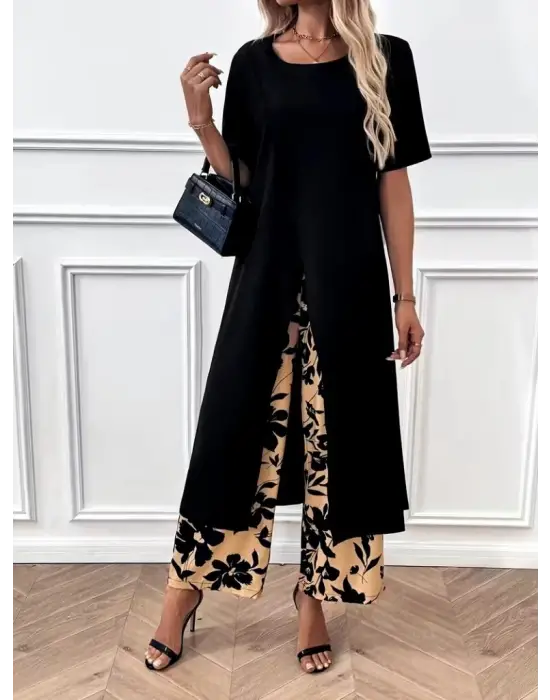 Kadın Kısa Kollu önden çapraz Detaylı Viskon Uzun Bluz Ve Desenli Iki Iplik Pantolon Ikili Takım