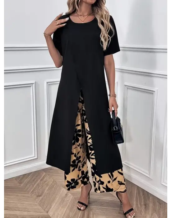 Kadın Kısa Kollu önden çapraz Detaylı Viskon Uzun Bluz Ve Desenli Iki Iplik Pantolon Ikili Takım