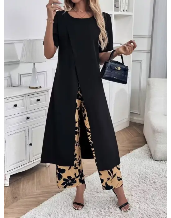 Kadın Kısa Kollu önden çapraz Detaylı Viskon Uzun Bluz Ve Desenli Iki Iplik Pantolon Ikili Takım