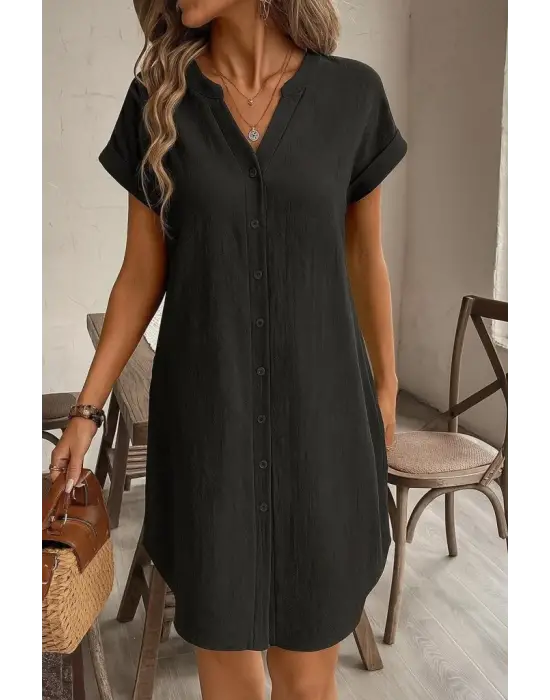 Kadın Kısa Kollu önden Düğmeli Ithal Keten Elbise