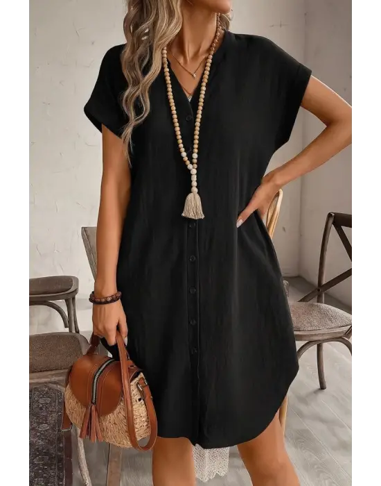 Kadın Kısa Kollu önden Düğmeli Ithal Keten Elbise