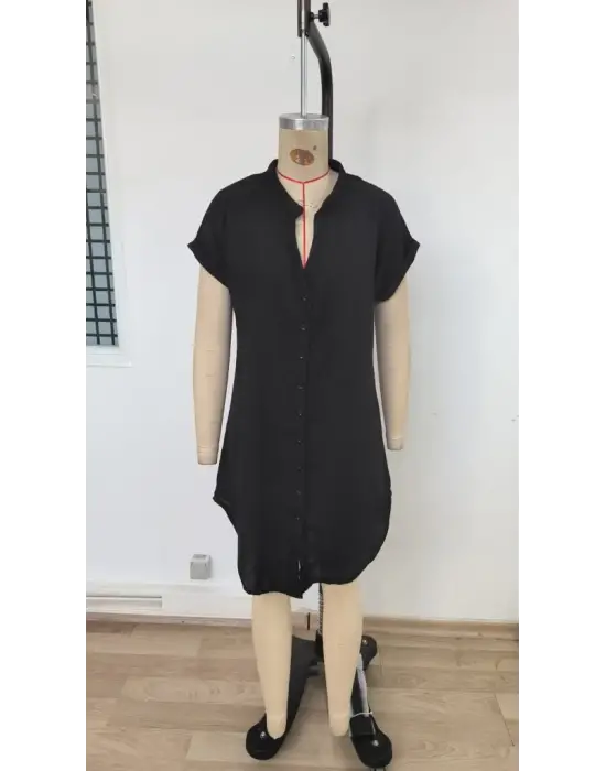 Kadın Kısa Kollu önden Düğmeli Ithal Keten Elbise