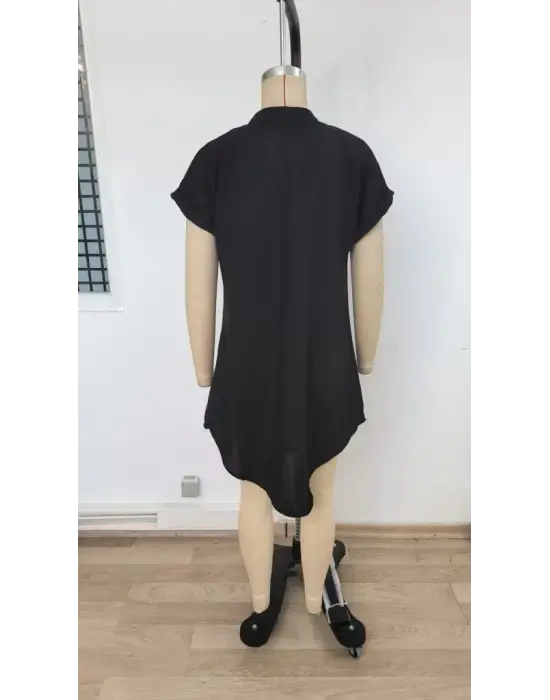 Kadın Kısa Kollu önden Düğmeli Ithal Keten Elbise