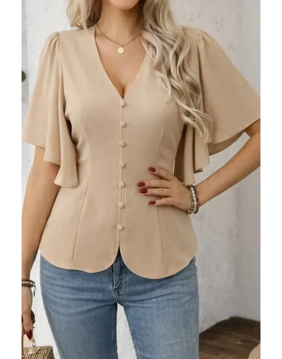 Kadın Kısa Kollu önden Düğmeli Ithal Krep Bluz