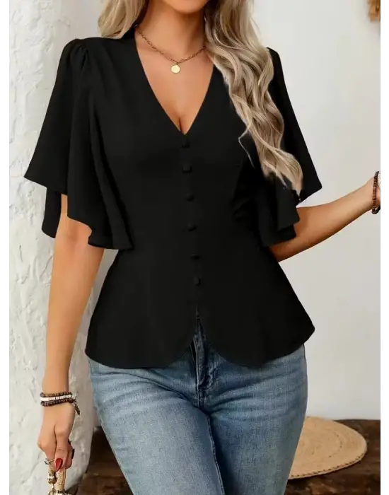 Kadın Kısa Kollu önden Düğmeli Ithal Krep Bluz