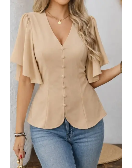 Kadın Kısa Kollu önden Düğmeli Ithal Krep Bluz