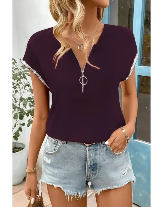 Kadın Kısa Kollu önden Fermuarlı Kol Ucu ışıltılı Viskon Bluz