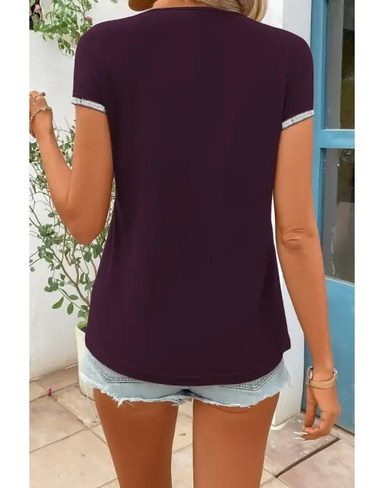 Kadın Kısa Kollu önden Fermuarlı Kol Ucu ışıltılı Viskon Bluz