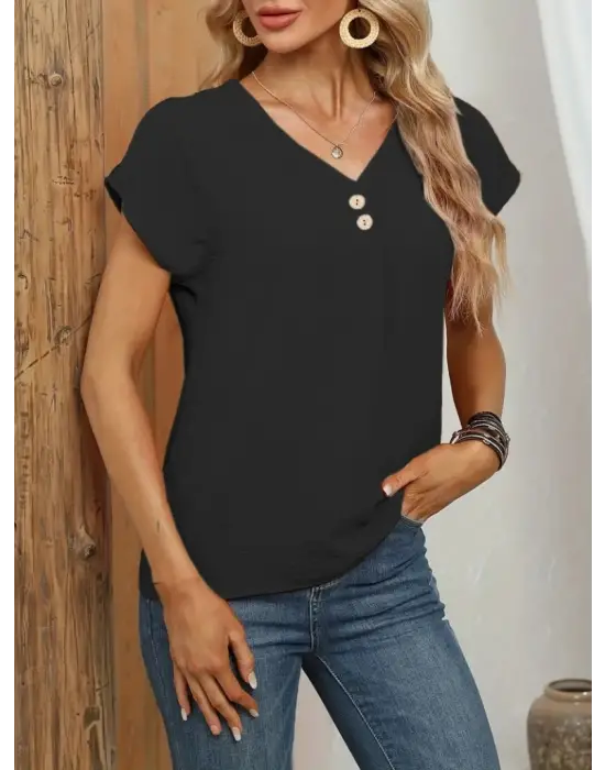 Kadın Kısa Kollu önü Düğmeli V Yaka Aerobin Bluz