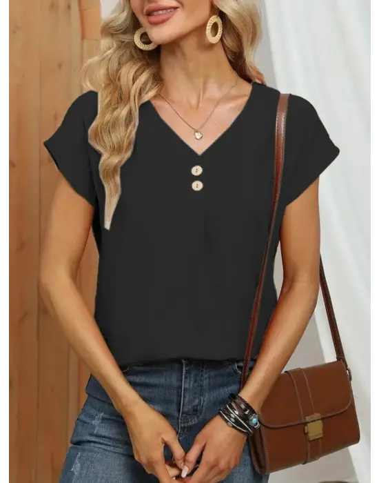 Kadın Kısa Kollu önü Düğmeli V Yaka Aerobin Bluz