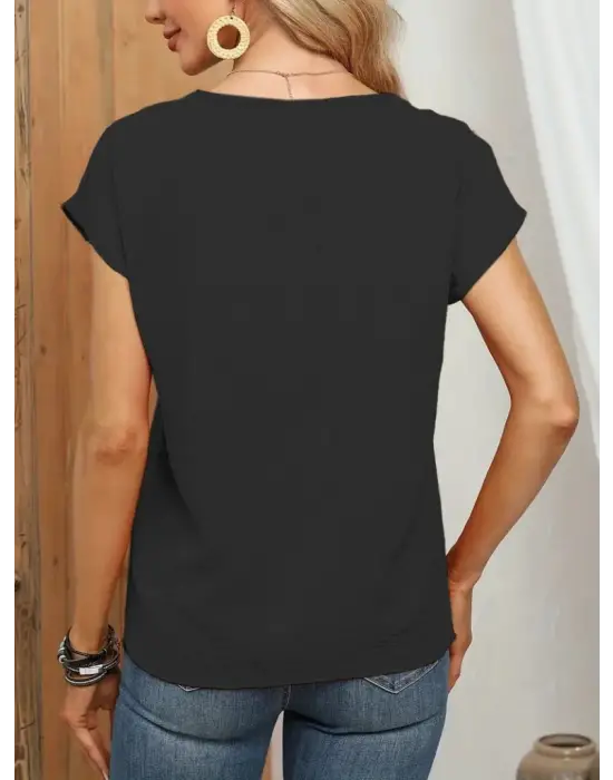 Kadın Kısa Kollu önü Düğmeli V Yaka Aerobin Bluz