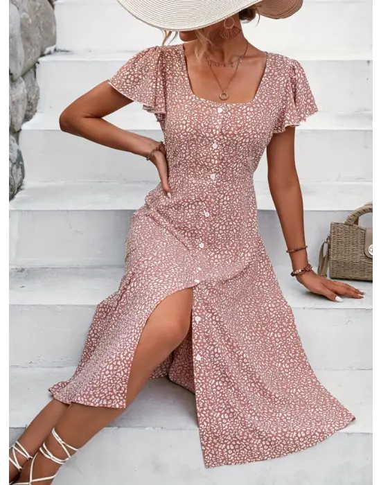 Omarı Leopar Desenli Kadın Midi Elbise