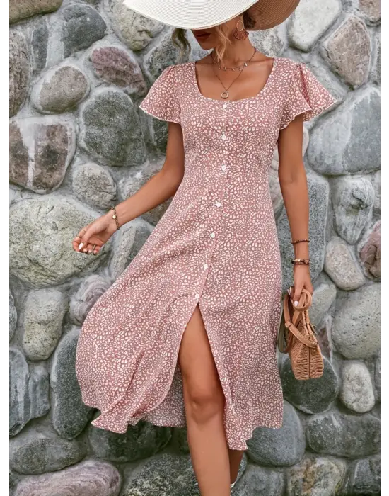 Kadın Kısa Kollu önü Düğmeli Volanlı Minik Leopar Desen Midi Viskon Elbise