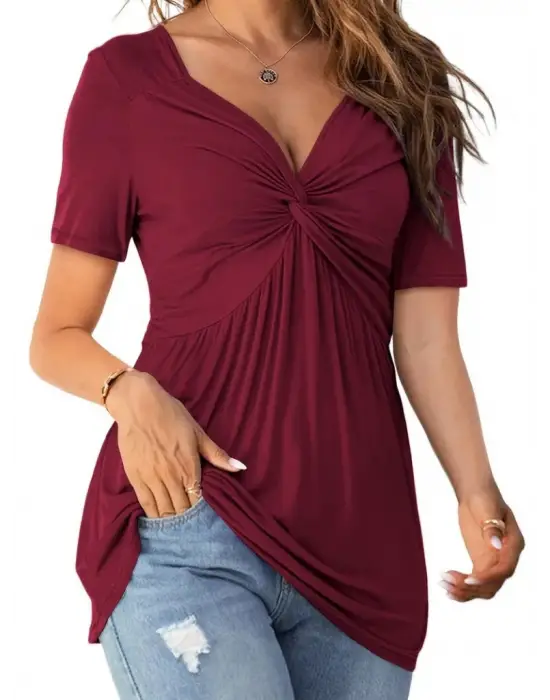 Kadın Kısa Kollu önü Düğüm Detay Viskon Bluz