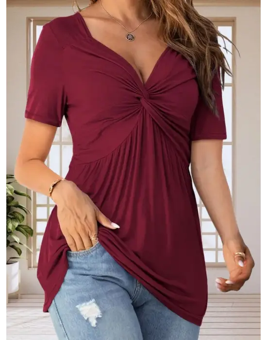 Kadın Kısa Kollu önü Düğüm Detay Viskon Bluz