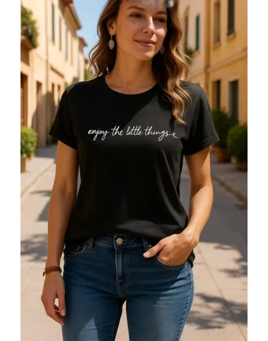 Kadın Kısa Kollu önü Yazı Baskılı Basic Süprem Bluz