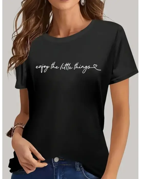 Omarı Yazı Baskılı Kısa Kollu Kadın Basic Bluz