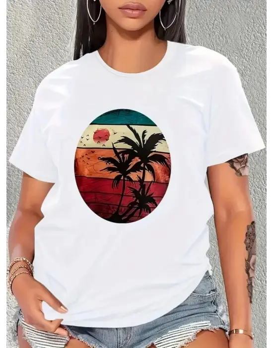 Kadın Kısa Kollu Palmiye Baskılı Viskon T-shirt