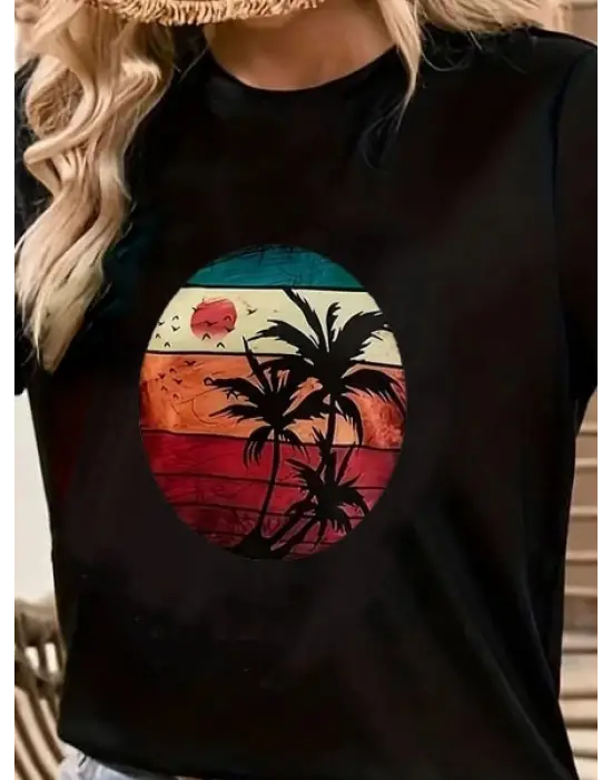 Kadın Kısa Kollu Palmiye Baskılı Viskon T-shirt