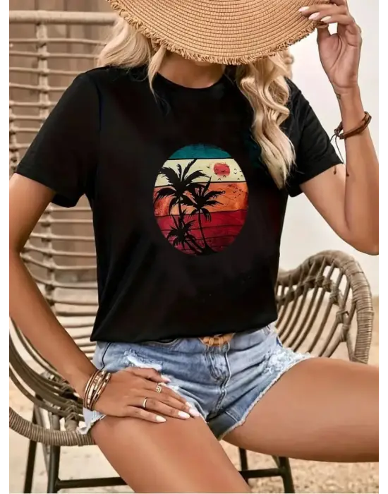 Kadın Kısa Kollu Palmiye Baskılı Viskon T-shirt