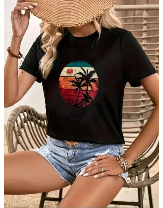 Kadın Kısa Kollu Palmiye Baskılı Viskon T-shirt