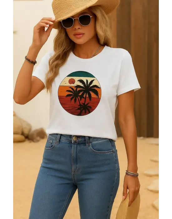 Omarı Palmiye Desenli Kadın Kısa Kollu T-shirt
